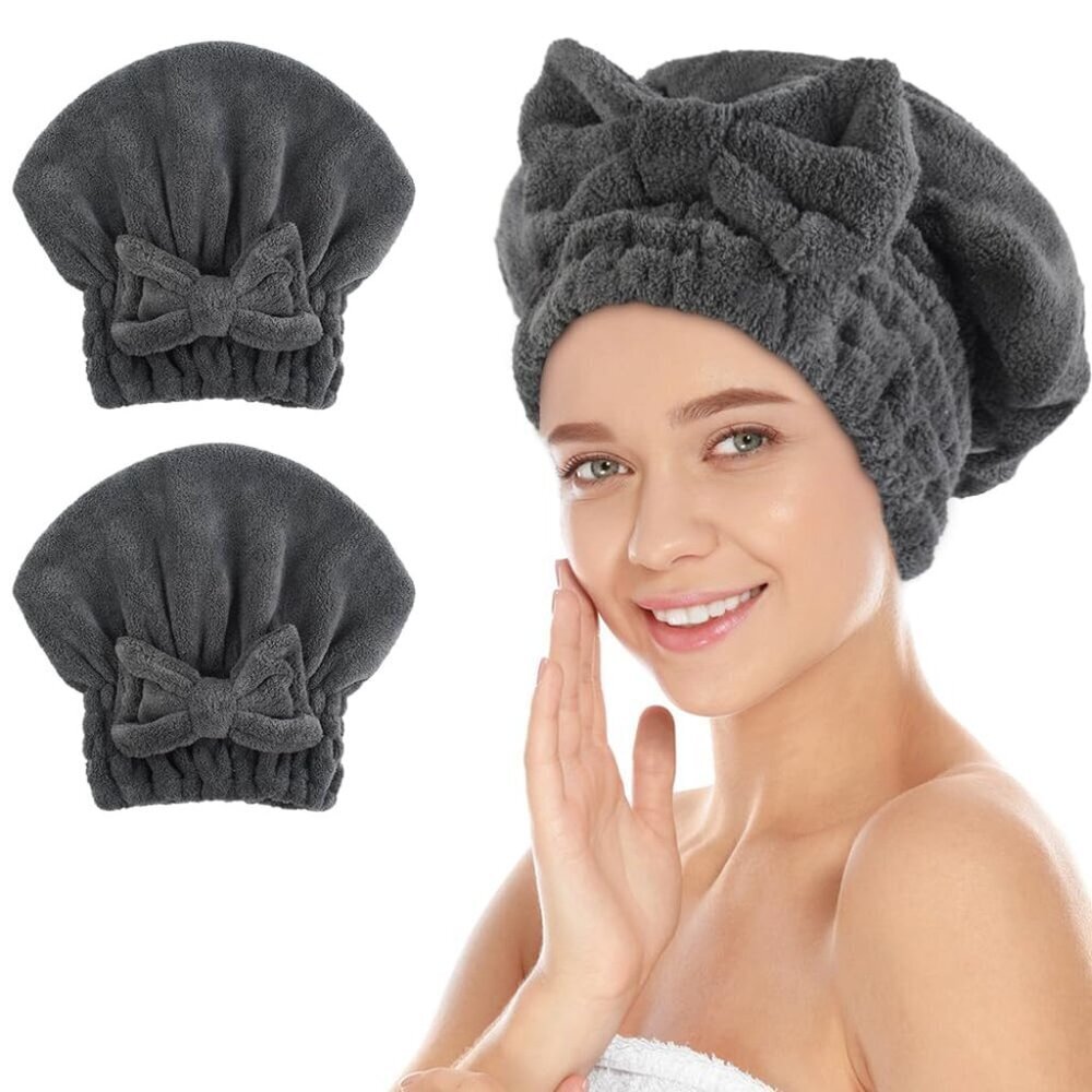 Microfiber Hair Drying Cap with Bow Knot Soft Absorbent Turban for Curly Thick H